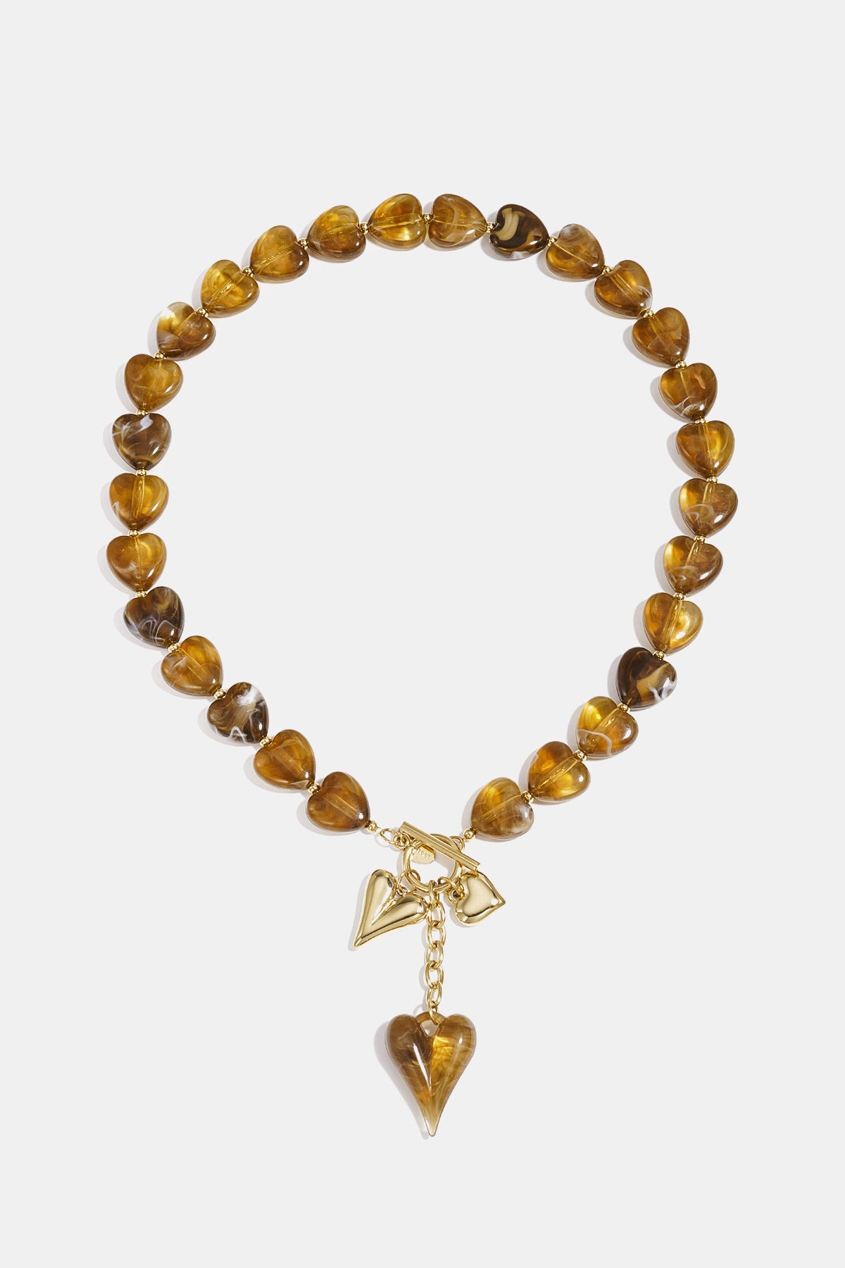 Bead necklace with hanging heart charms